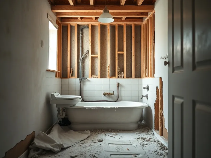 Bathroom part way through a full gut, studs and old plumbing exposed behind removed tile